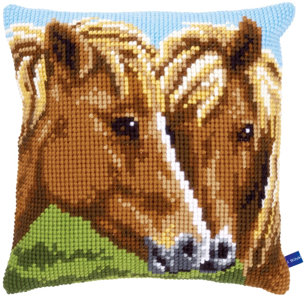 Vervaco Kreuzstichkissen Pferde Kreuzstickpackung vorgedruckt, Stramin, weiss, 40 x 40 x 0,3 cm