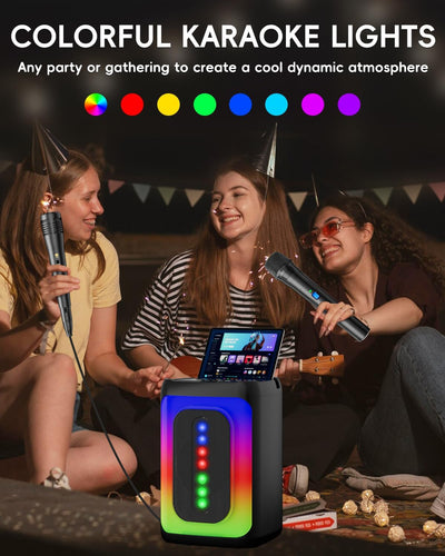 Ankuka Karaoke-Maschine mit 2 Mikrofonen, tragbarer Bluetooth-Lautsprecher mit LED-Leuchten, TF/USB,