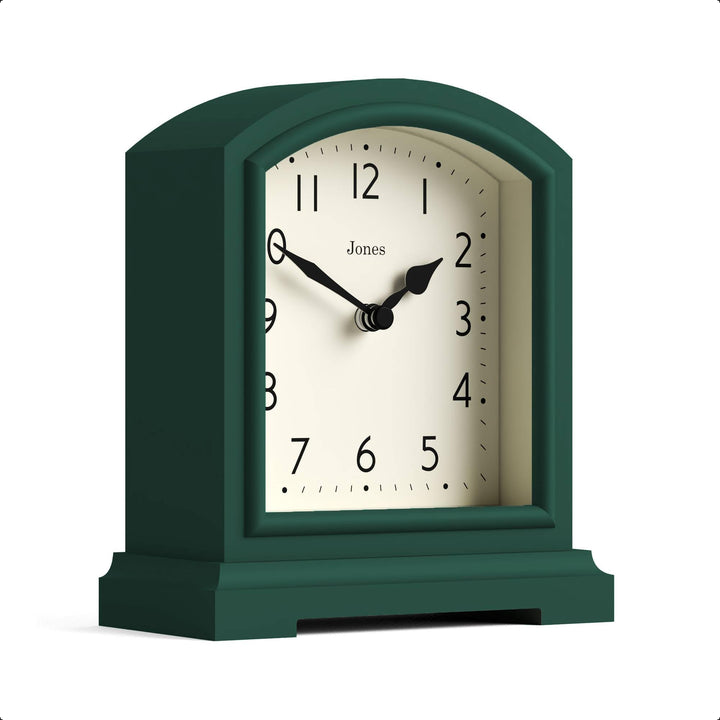 JONES CLOCKS® Tavern Kaminuhr | Modernes Bogenoberdesign | Dunkelgrün | Zeitgenössischer klassischer