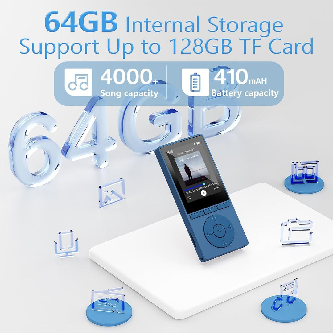 64GB MP3 Player Bluetooth 5.3, MP3 Player mit Lautsprecher, Musikwiedergabe, Sprachrekorder, E-Book,
