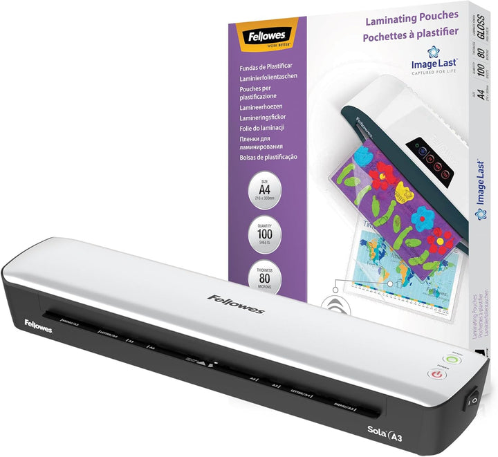 Fellowes Laminiergerät A3 Sola und Laminierfolien A4 Premium Bundle für Zuhause & Homeoffice bis 125