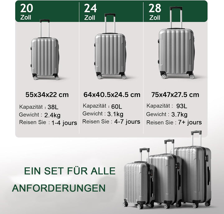LEADZM 3er Kofferset Rollkoffer Hartschalen Reisekoffer Trolley Set Handgepäck 4 Rollen (Silbergrau)