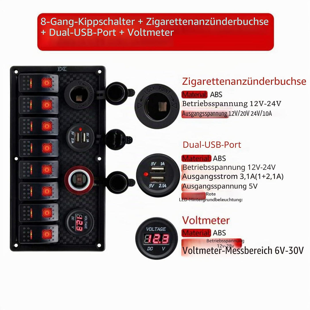 KAOLALI 12V/24V Schalter Panel Boot 8 Schaltern Kippschalter Panel Boote Zigarettenanzünder 12 V 3,1