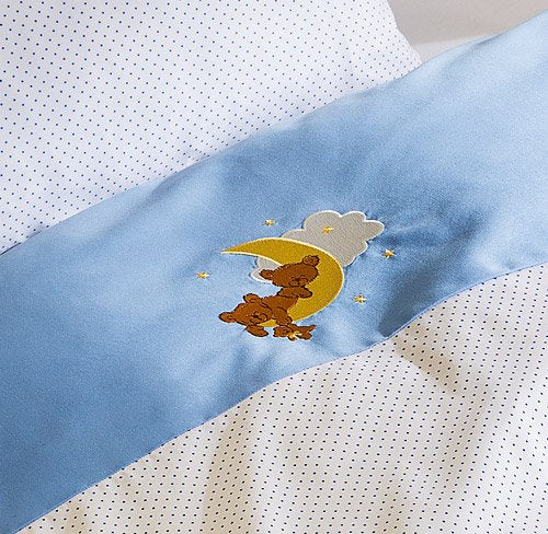 Mako Satin Kinder Bettwäsche Mond Bär 100x135 + 40x60 cm Blau, 100% Baumwolle mit Bärchen Stickerei
