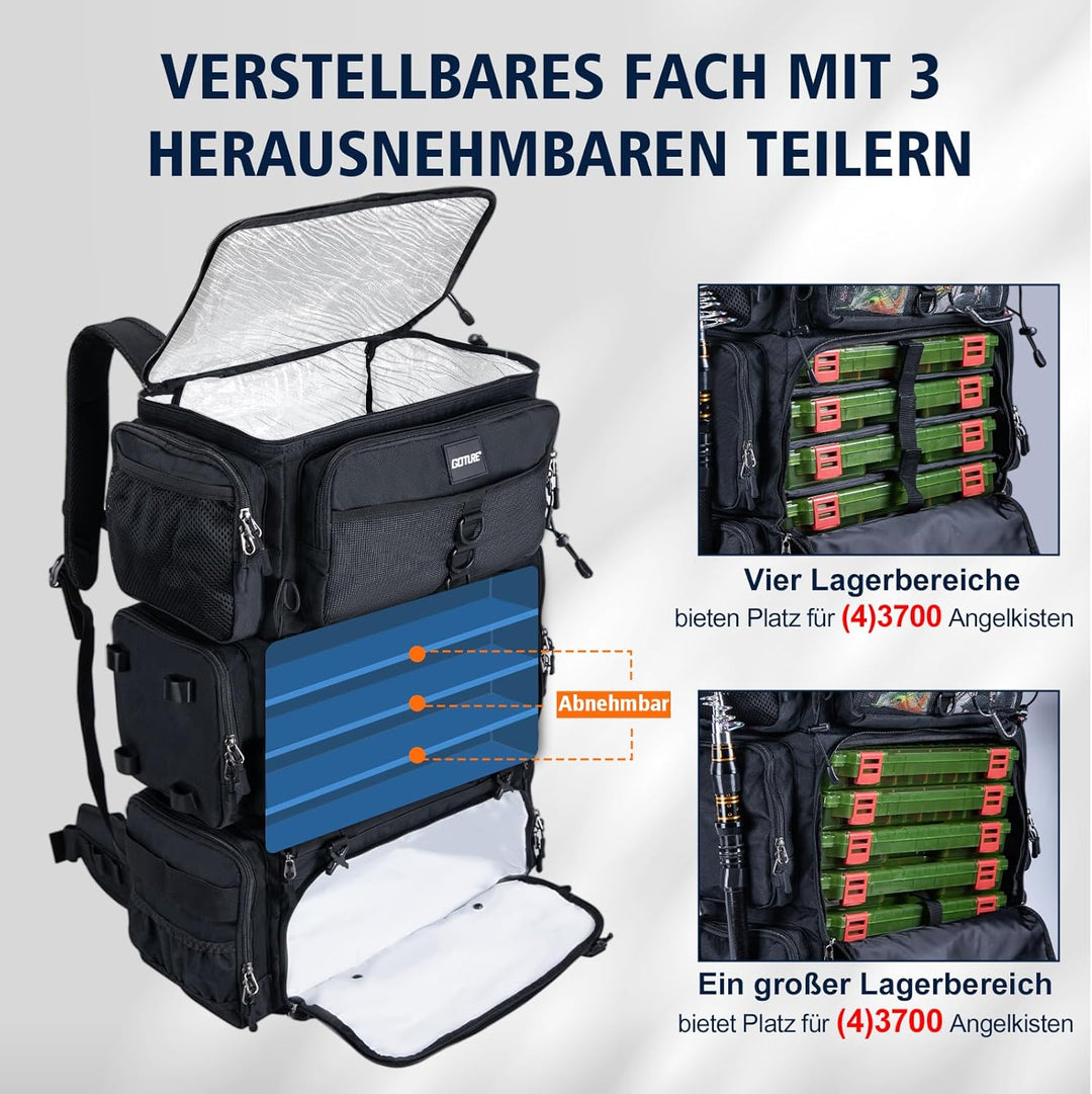 Goture 72L Angelrucksack mit Kühltasche (16L) &amp; Trocken-/Nass-Fach - Verstellbare Fächer Wasserabwei