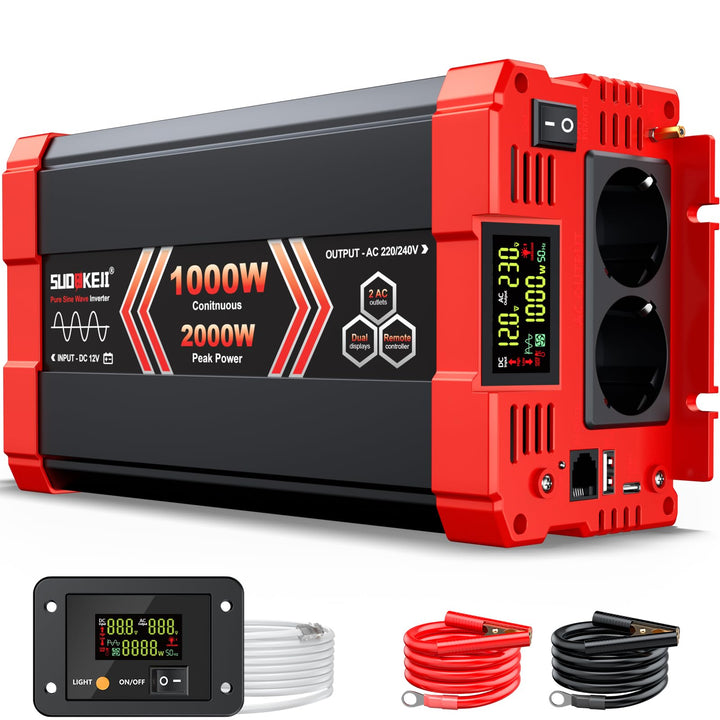 SUDOKEJI 1000W/2000W Wechselrichter Reiner Sinus Spannungswandler 12V auf 230V EU-Steckdose mit LCD