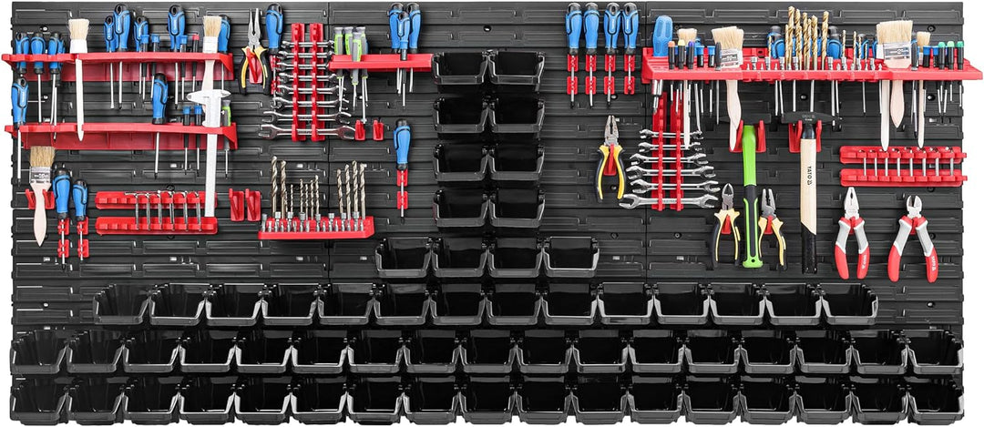Lagersystem Werkstattregal | 172 x 78 cm | 60 stck. Box | Wandregal mit Werkzeughalterungen und Stap