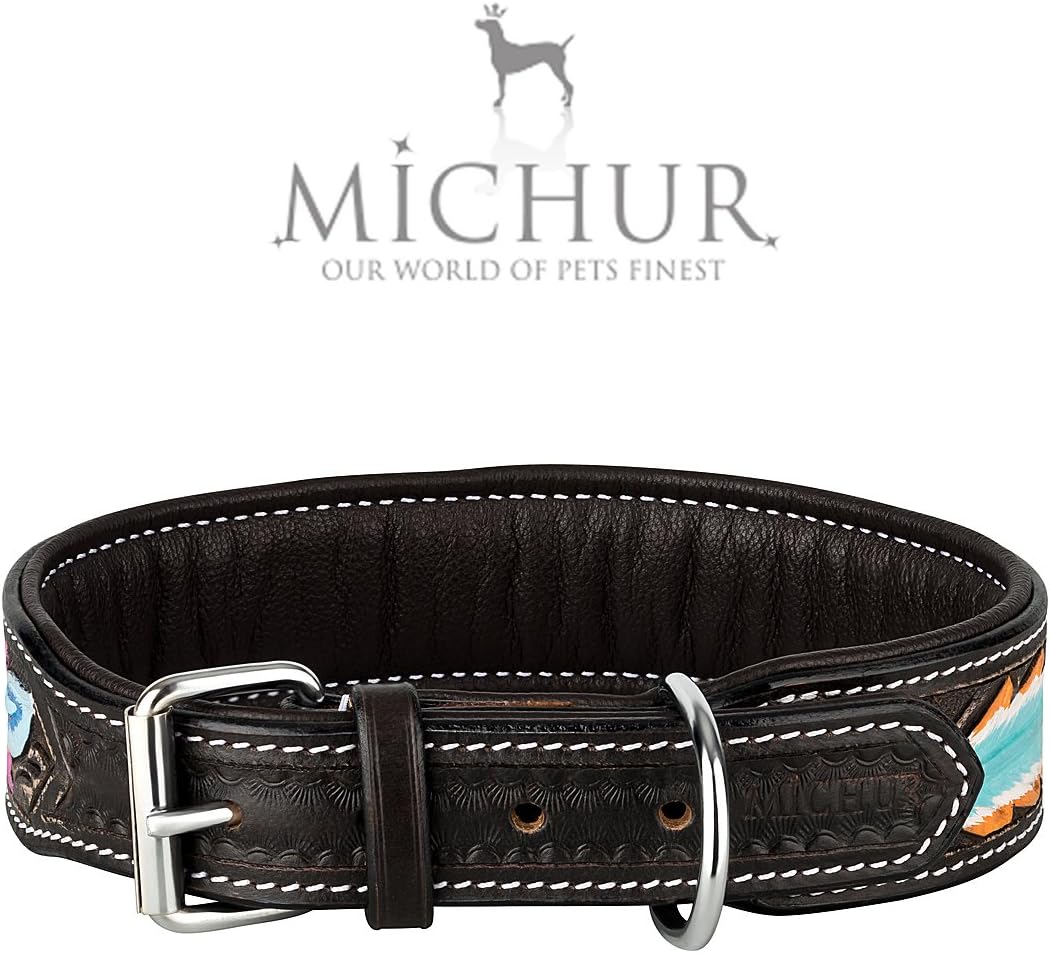 MICHUR Pietro Braun Schwarz mit Feder Muster, Hundehalsband Leder, Lederhalsband Hund, Halsband, Led