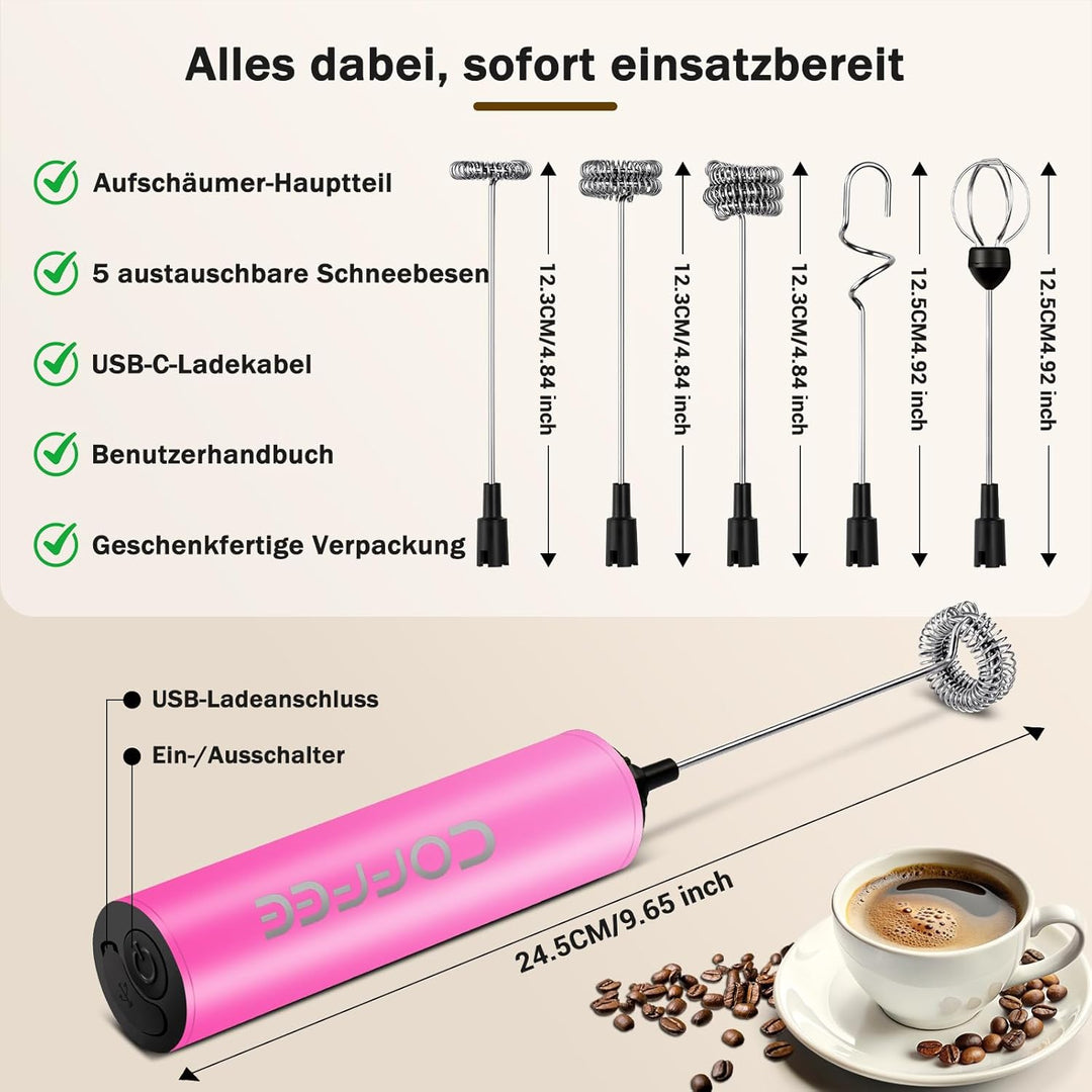 Milchschäumer Elektrisch USB-C mit 5 Wechselbaren Edelstahl-Schneebesen–2 Einstellbare Geschwindigke