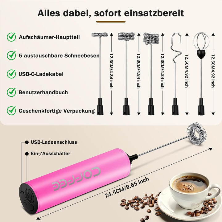 Milchschäumer Elektrisch USB-C mit 5 Wechselbaren Edelstahl-Schneebesen–2 Einstellbare Geschwindigke