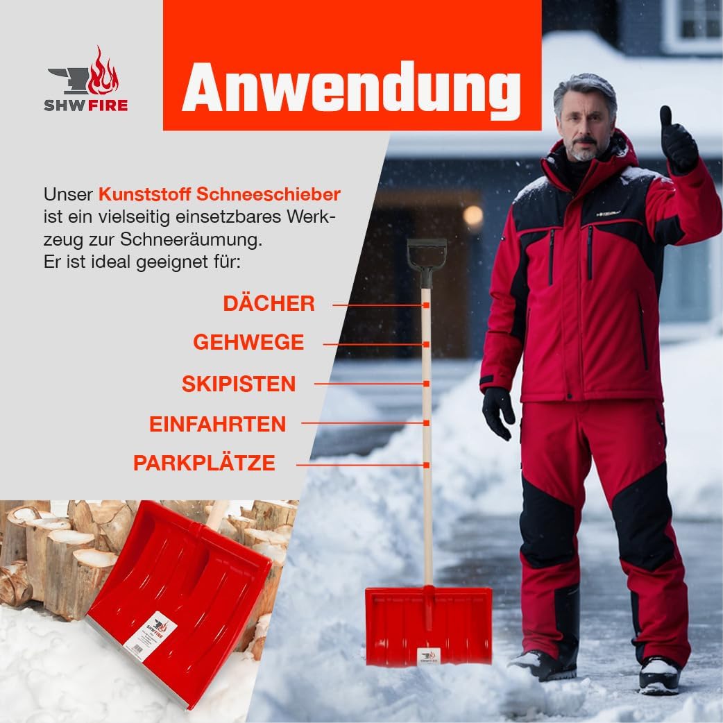 SHW-FIRE 59025 Schneeschieber Schneeschaufel Kunststoffblatt 40 cm schmal mit rundem Stiel Holz 130
