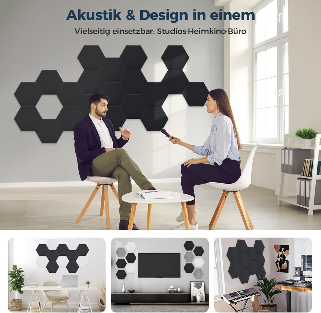 18 Stück Hexagon Akustikplatten Selbstklebend, 30 x 26 x 0,9 cm Hohe Dichte Akustikpaneele, Schallsc