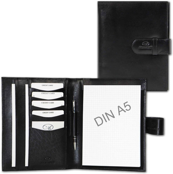 ALMADIH Leder A5 Schreibmappe mit Schreibblock Premium Rindsleder Schwarz Onyx Ledermappe Mappe Doku
