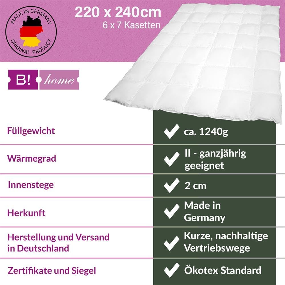 B!HOME Ganzjahresdecke 100% Daunen 220x240cm (1240g) Kassettenstegbett Bezug 100% Baumwolle Decke Ga