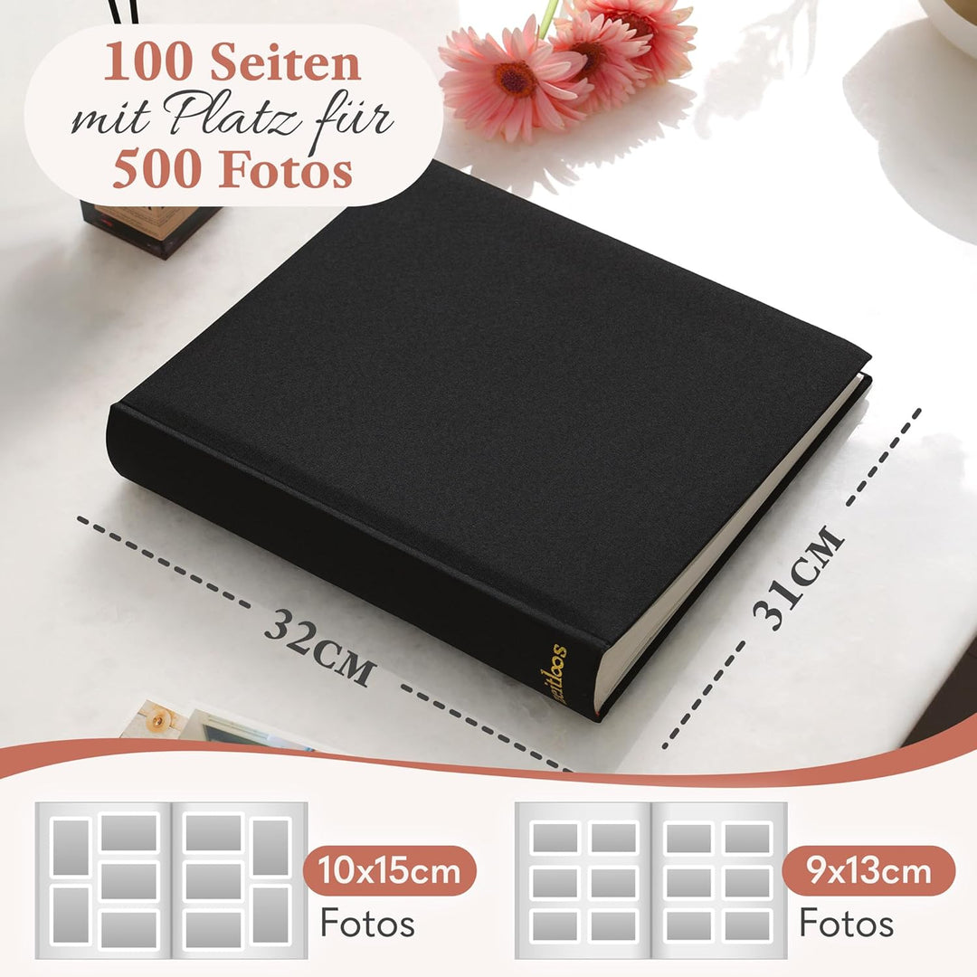 Zeitloos Fotoalbum zum Einkleben - Platz für 500 Fotos (100 Seiten oder 50 Blatt). Echtes leinen in