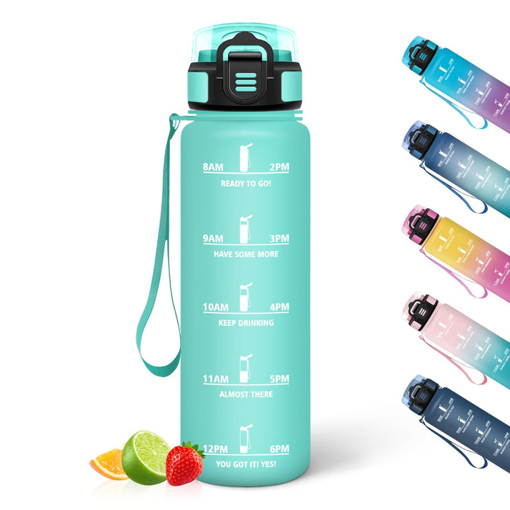 HoneyHolly Trinkflasche 1L, Zeitmarkierung, Wasserflasche, Auslaufsicher, Trinkflasche Sport, Wieder