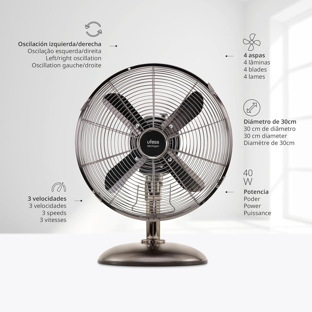 UFESA Michigan Mini Tischventilator Oszillierend, 40W, 3 Geschwindigkeiten, 4 Blätter 30cm, Metallic