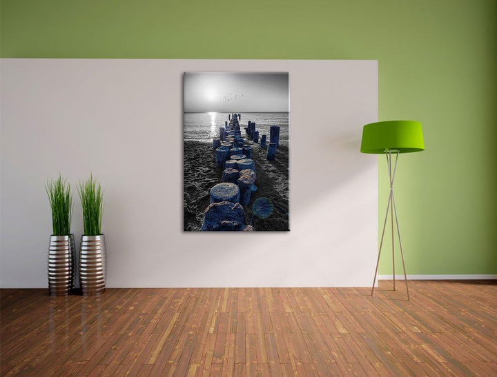 einzigartige Baumstümpfe am Meer schwarz/weiss Format: 100x70 auf Leinwand, XXL riesige Bilder ferti