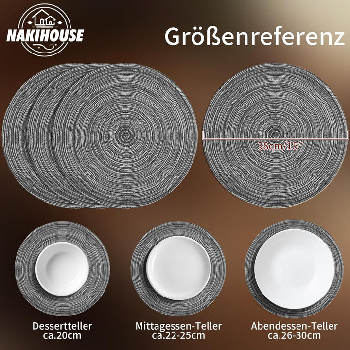 Platzsets Rund Grau Geflochten Tischsets 12er Set Hitzebeständigem Tisch Tischsets Waschbar für Küch
