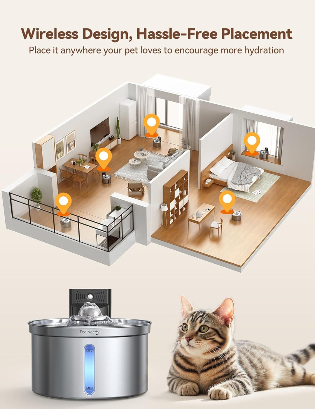 Katzenbrunnen Edelstahl Kabellos mit Sensor für Katzen und Hunde 3,5L|FEELNEEDY [FN-W19] Wasser-und