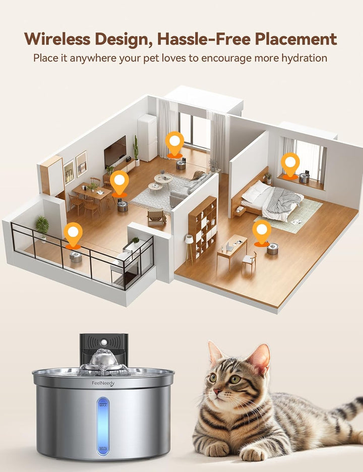 Katzenbrunnen Edelstahl Kabellos mit Sensor für Katzen und Hunde 3,5L|FEELNEEDY [FN-W19] Wasser-und