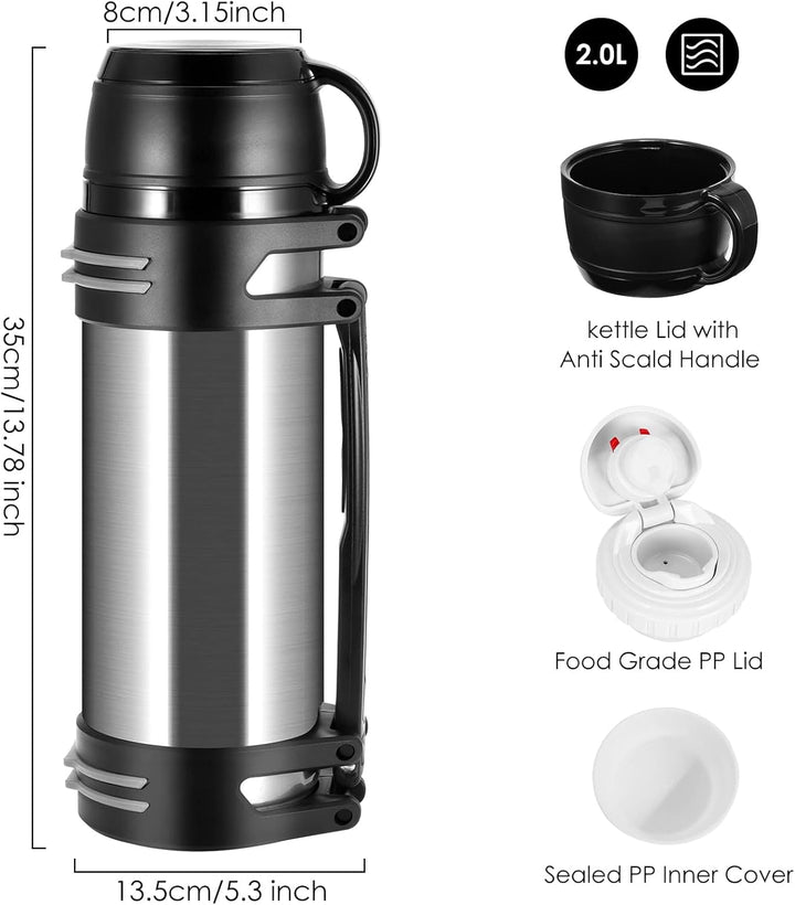Thermoflasche 2L, Vakuumisolierte Flasche für Heisse Getränke mit Kaffeetassen deckel, Thermoskanne