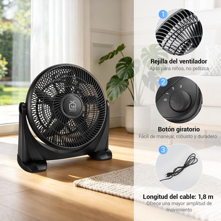 Leiser und leistungsstarker Tischventilator, 38 cm, 5 Flügel, 1300 U/min, 55 W – Neigung 90° und 3 G