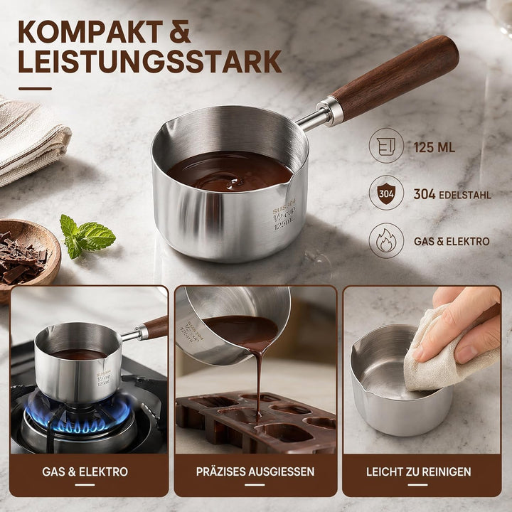 UKCOCO Mini Topf Edelstahl 125ml mit Holzgriff - Kleiner Butterwärmer Induktion & Herd - Milchpfanne