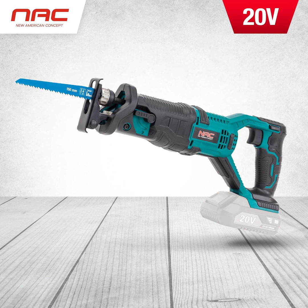 NAC Akku Säbelsäge 20V Li-Lon Akku 2.0Ah mit Ladegerät und 2x Reciprosägeblätter 20mm Nur Gerät, Nur