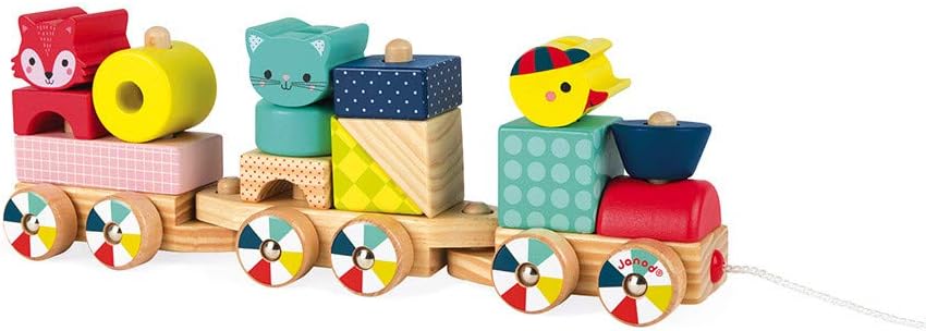 Janod - Baby Forest Holzzug, Nachziehspielzeug, mit 17 Bausteinen, zum Erlernen von Formen und Farbe