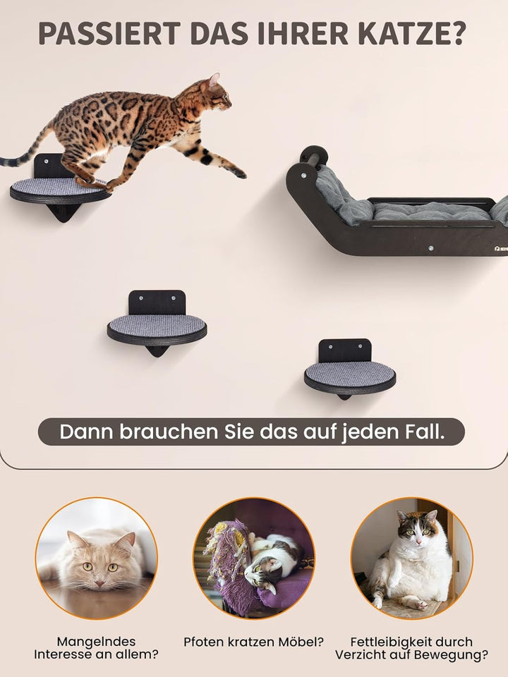Kletterwand Katzen Set mit Katzenbett und 3 Stufen, Katzenmöbel aus Holz Katzentreppe, Katzen Wandel