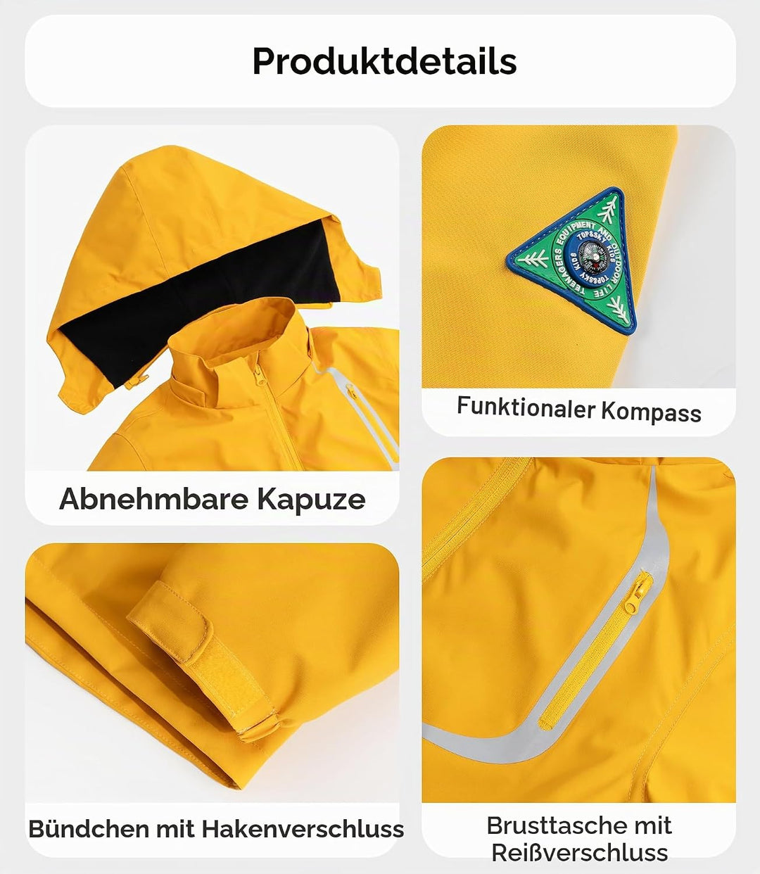 YoungSoul Kinder wasserdichte Regenjacke mit Abnehmbarer Kapuze 104-110 Gelb, 104-110 Gelb