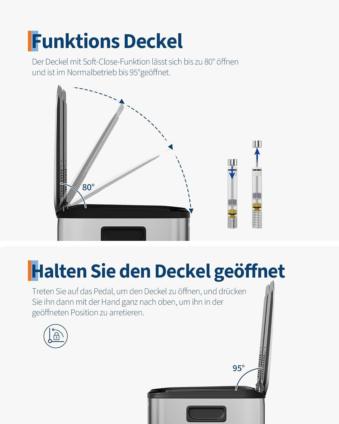 GarveeHome Mülleimer Küche, 2 x 15 L, Mülltrennsystem 2 Fächer, Edelstahl-Tretmülleimer mit Seitlich