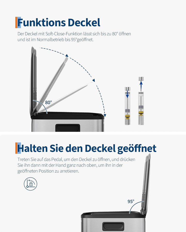 GarveeHome Mülleimer Küche, 2 x 15 L, Mülltrennsystem 2 Fächer, Edelstahl-Tretmülleimer mit Seitlich