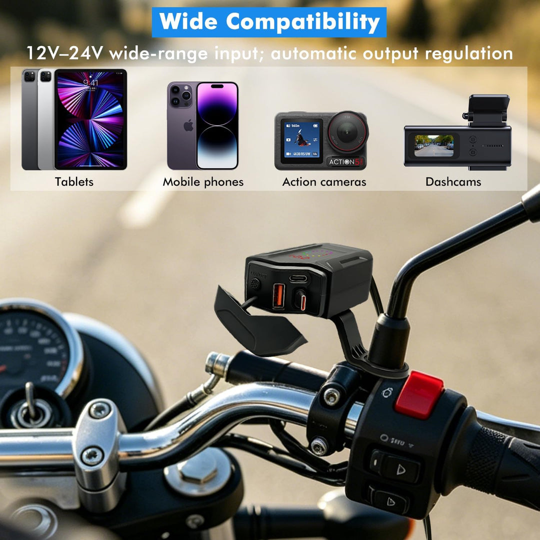 USB Steckdose Motorrad mit Einziehbarem Kabel, PD und QC3.0 Adapter, Motorrad USB Steckdose Wasserdi