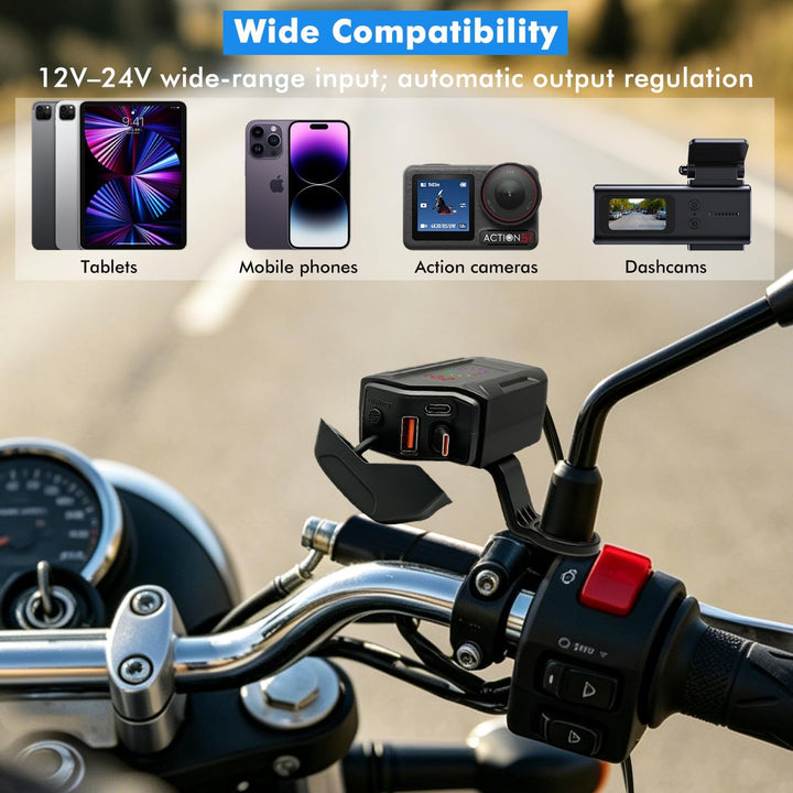 USB Steckdose Motorrad mit Einziehbarem Kabel, PD und QC3.0 Adapter, Motorrad USB Steckdose Wasserdi