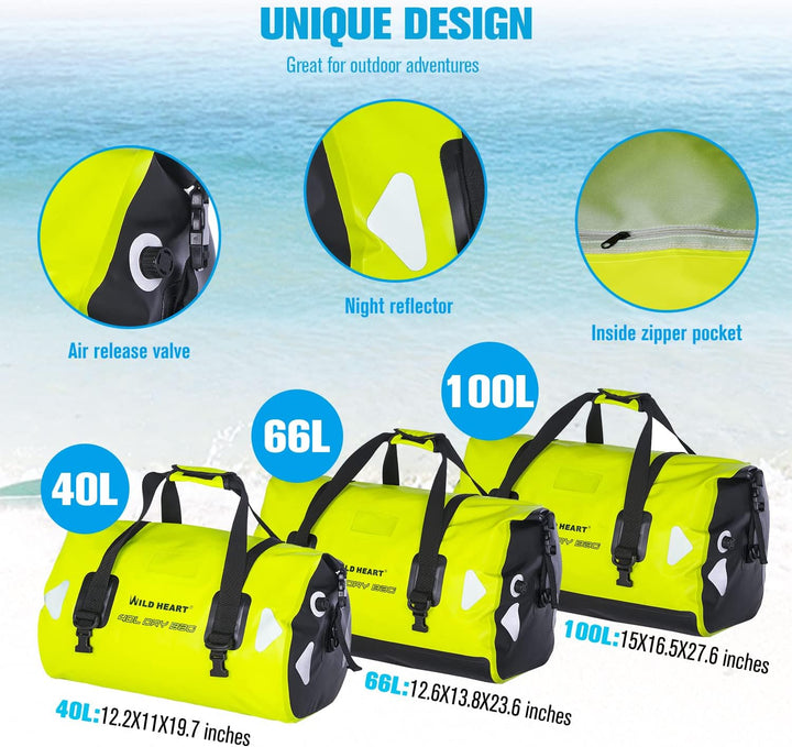WILD HEART wasserdichte Reisetasche, 40 l 66 l, 100 l, mit verschweissten Nähten, Schultergurten, Ne