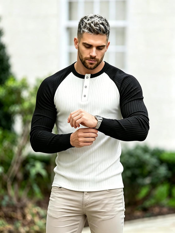 Lehmanlin Langarmshirts, Henley Langarm/Kurzarm Pullover, Slim Fit Sport Muskelshirts S Weiss+schwar
