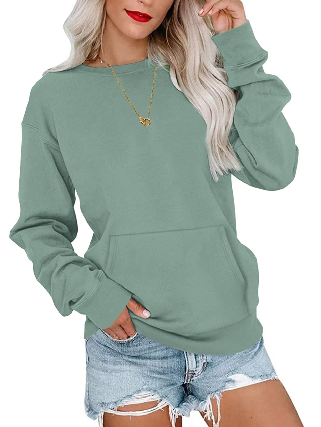 WNEEDU Damen Langarmshirts Lässige Sweatshirts mit Taschen Grün L, Gr&amp;