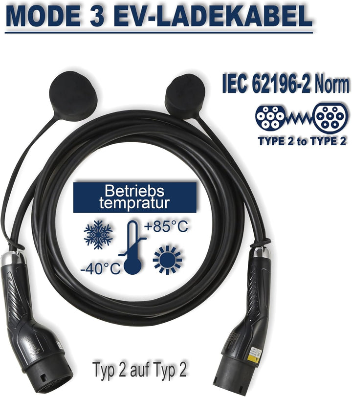 EV Ladekabel Typ 2 für Elektroauto und PHEV 11KW 16A 3-phasig 5m, TüV Zertifiziert, chic-schwarz 11K