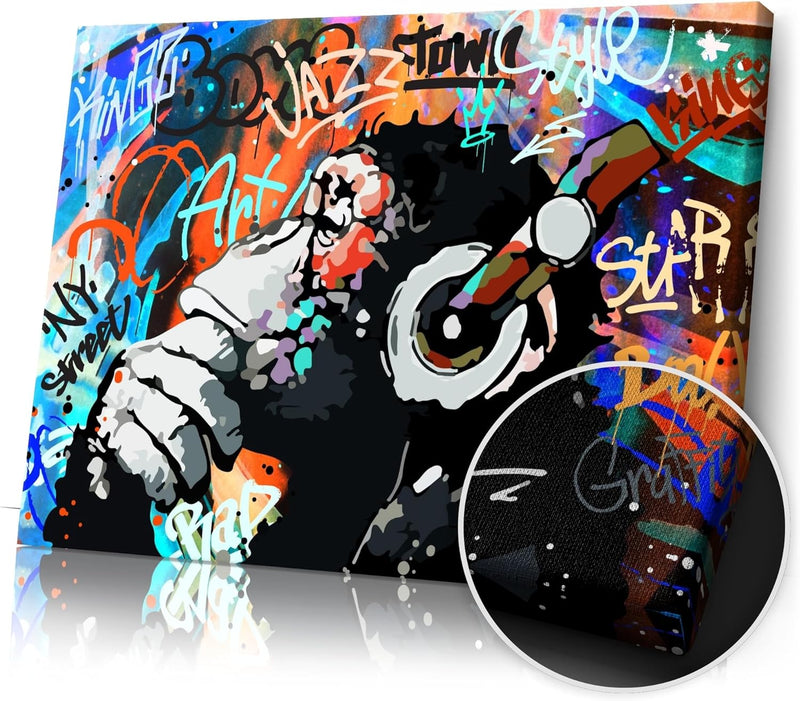 Artmazing | Affe Bild bunt | Graffiti Bild Affe | Bild Affe mit Kopfhörer | S-Art Bilder | Affenbild