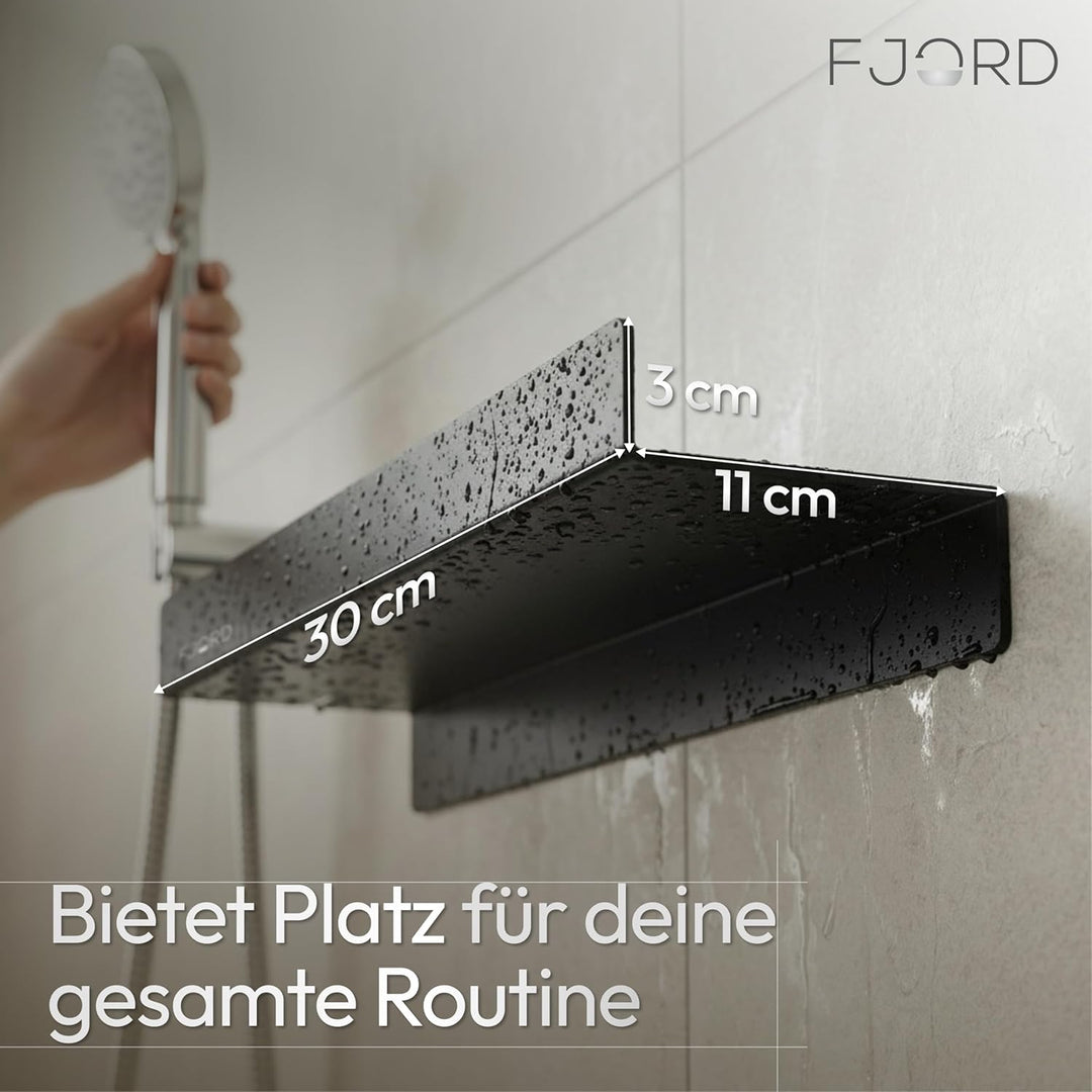 FJORD Flow Premium Duschablage ohne Bohren [Matt Schwarz] – Design Duschregal mit integriertem Rasie