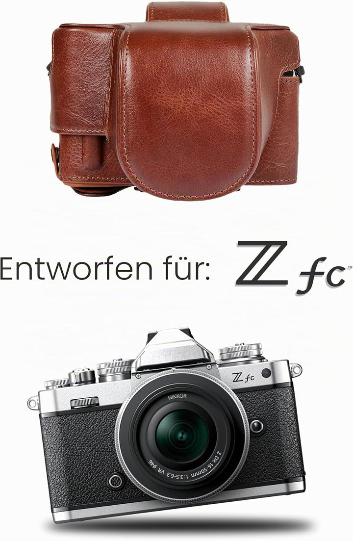 MegaGear Ever Ready Echtleder-Kameratasche kompatibel mit Nikon Z fc (16-50 mm) (Brown), MG2011, Bro