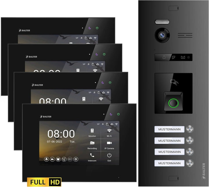 Balter EVO-HD Video Türsprechanlage mit Fingerprint, Video Türklingel, 4 Familienhaus, 3X 7 Zoll Mon