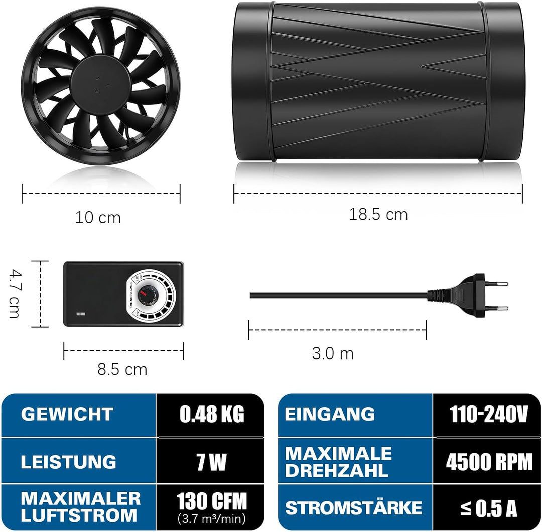 Regelbar Rohrventilator 100mm, 222 m³/h Rohrlüfter Inline Abluftventilator mit Drehzahlregler, EC Mo