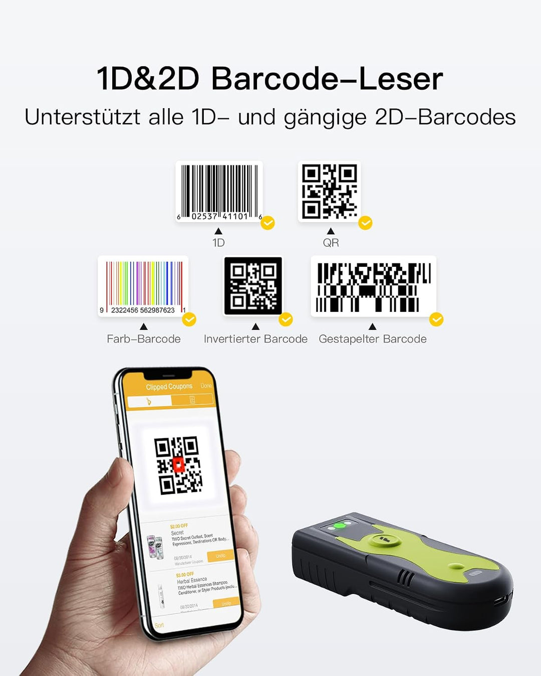 Inateck Barcode Scanner Bluetooth 2D mit 2,4Ghz USB Adapter, liest Barcodes von Bildschirmen, Exklus
