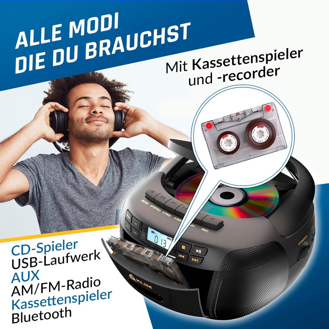 KLIM CD Player mit Kassette, Kassettenspieler, Kassettenrekorder, Radio mit CD und Kassette, CD Play