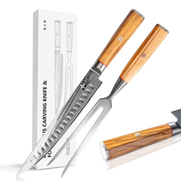 Damast Tranchier-Set mit Gabel, 2-teilig, Fleischmesser Mit Extrem Scharf 22,5cm Klinge Aus 67 Lagen