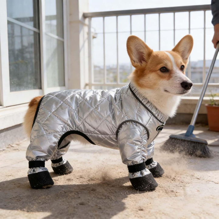 wasserdichte Hundestiefel mit Hosenträgern Winter-Schneeanzug mit Geschirr, warm gefütterter Overall