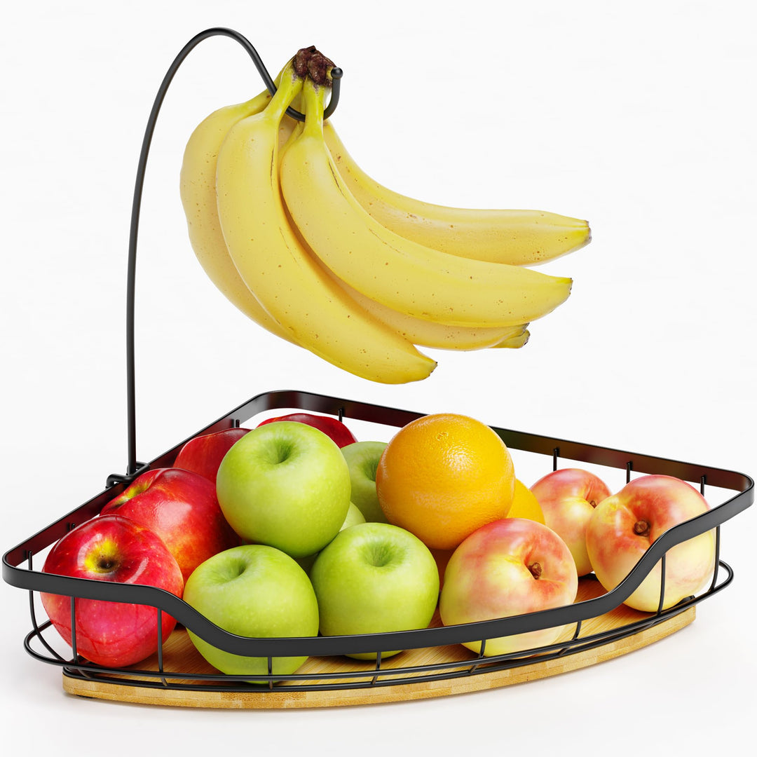 Obstkorb Schwarz Rechteckig 1-stöckiger Obstschale mit Bananen-Aufhänger, Metall Obstschale mit Bamb